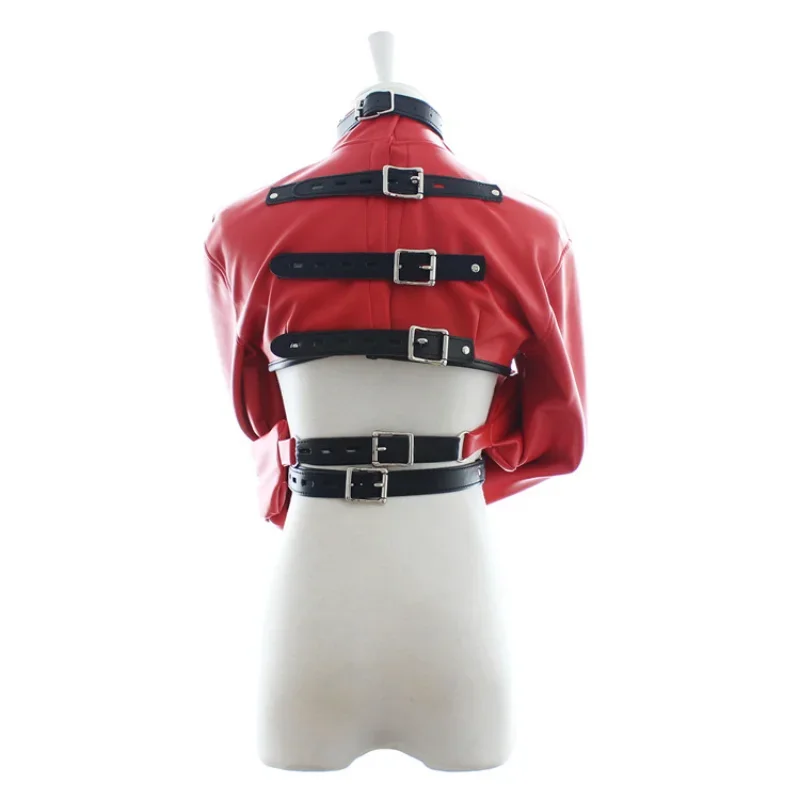 Female BDSM Bondage Breast Exposed PU Leather Straitjacket Restraint Body Harness Jacket Long Sleeves Play Flirting Women