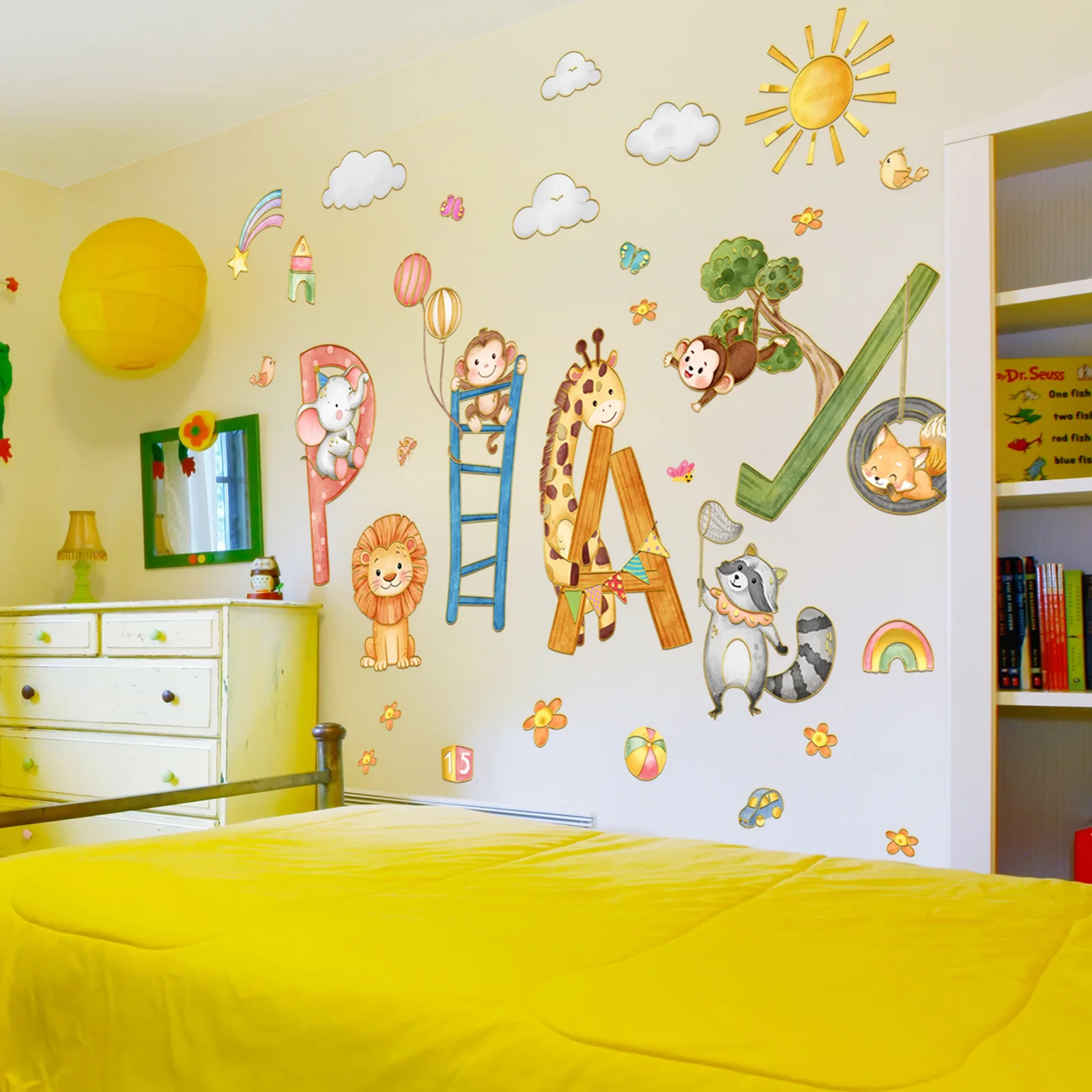 

Giraffe & Elephant Wall Decals - Cartoon Animal Sun & Cloud Stickers for Playful Home & Shop Decor