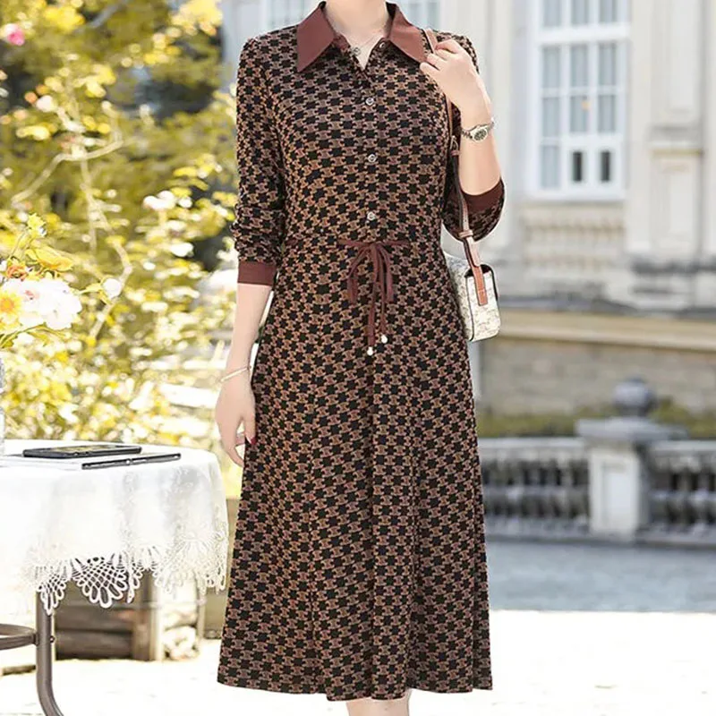 High-end Collar Long-sleeved Dress Women Spring New Waist-slimming Mid-length Skirt Age Reduction