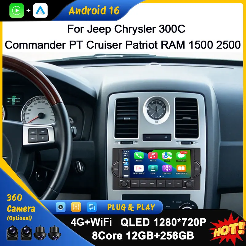 For Jeep Chrysler 300C Commander PT Cruiser Patriot RAM 1500 2500 Car Radio GPS Navigation Head Unit IPS Android 16 Bluetooth 4G