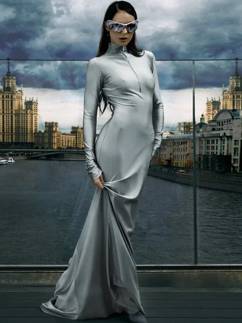 2024 Autumn Fashion Long Sleeve Zip-up Floor-length Gray Dress High Street Ladies Chic Solid High Waist Long Maxi Party Dresses