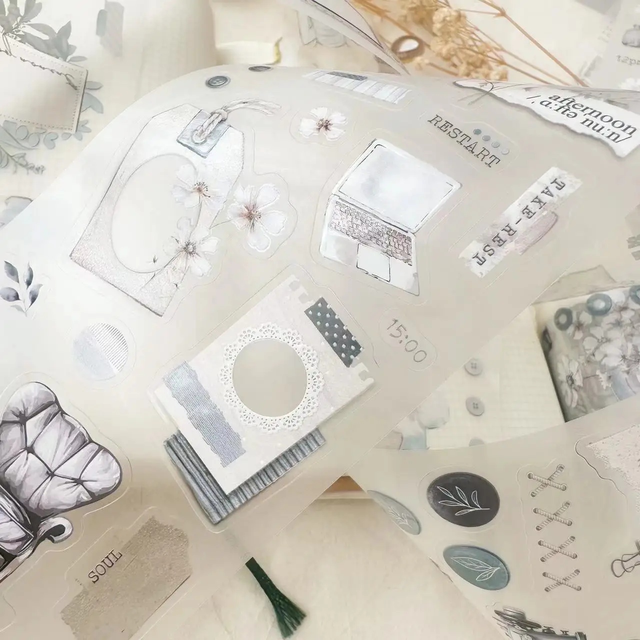 Journal Pages Vintage Neutral White Girl Washi PET Tape for Card Making DIY Decorative Sticker