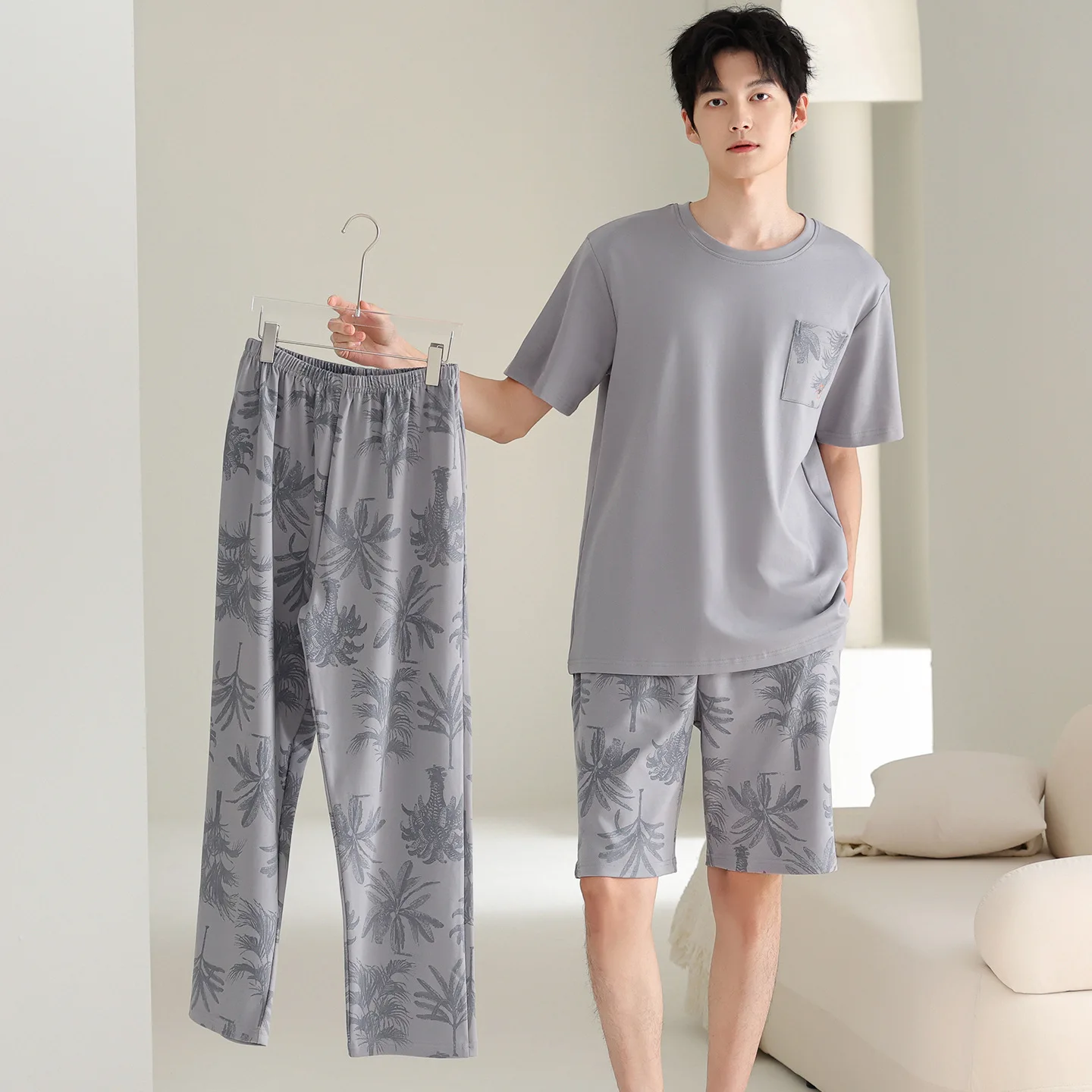 

Summer Men's Cotton Loungewear O Neck Short Sleeves & Shorts & Long Pant 3pcs Sleepwear 2026 New Arrival Home Clothes Hombre