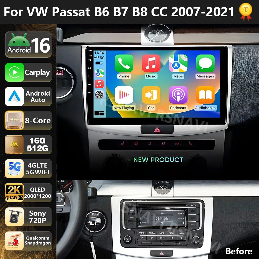 Qualcomm Android 16 Car Radio Multimedia Player For Volkswagen VW Passat B6 B7 B8 CC 2007 - 2021 Auto Carplay Stereo Navigation