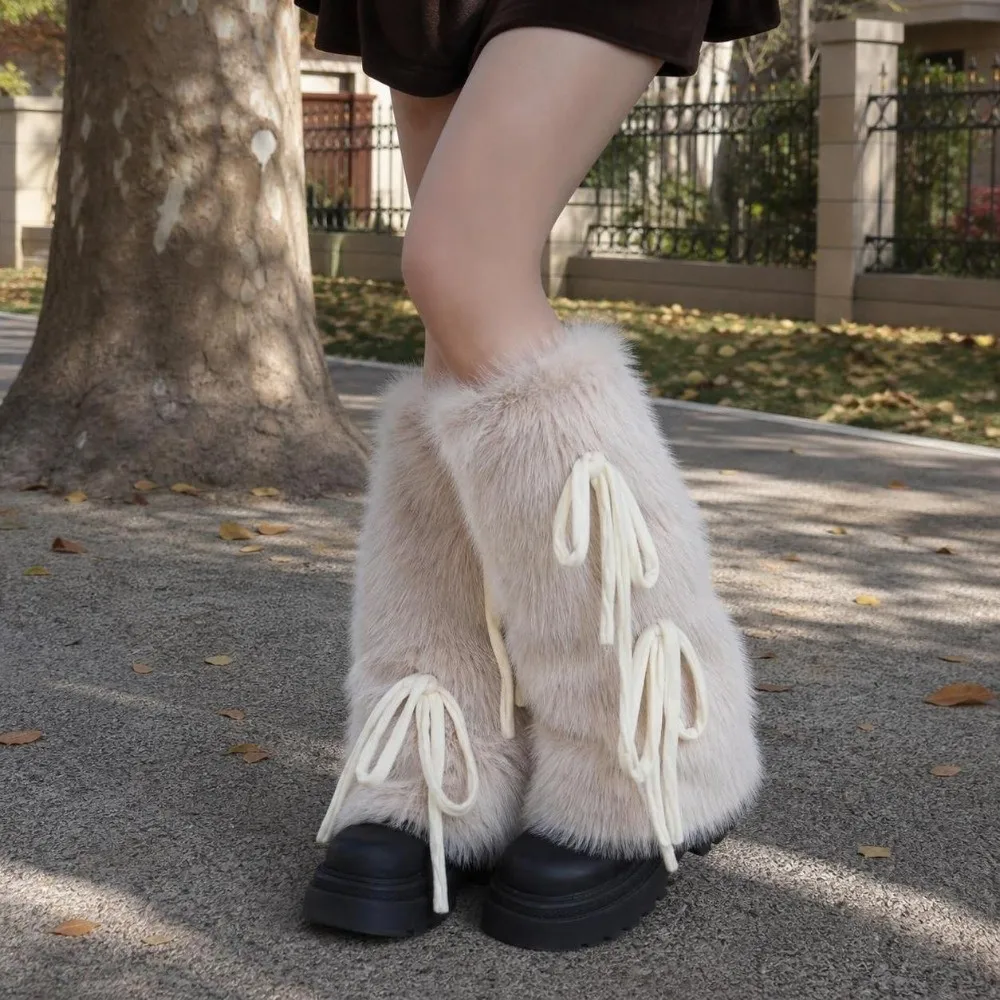 Harajuku Style Faux Fur Furry Leg Warmers Bowknot Design 35cm Long Tube Sock Soft Solid Color Knee High Girls Socks Cosplay Use