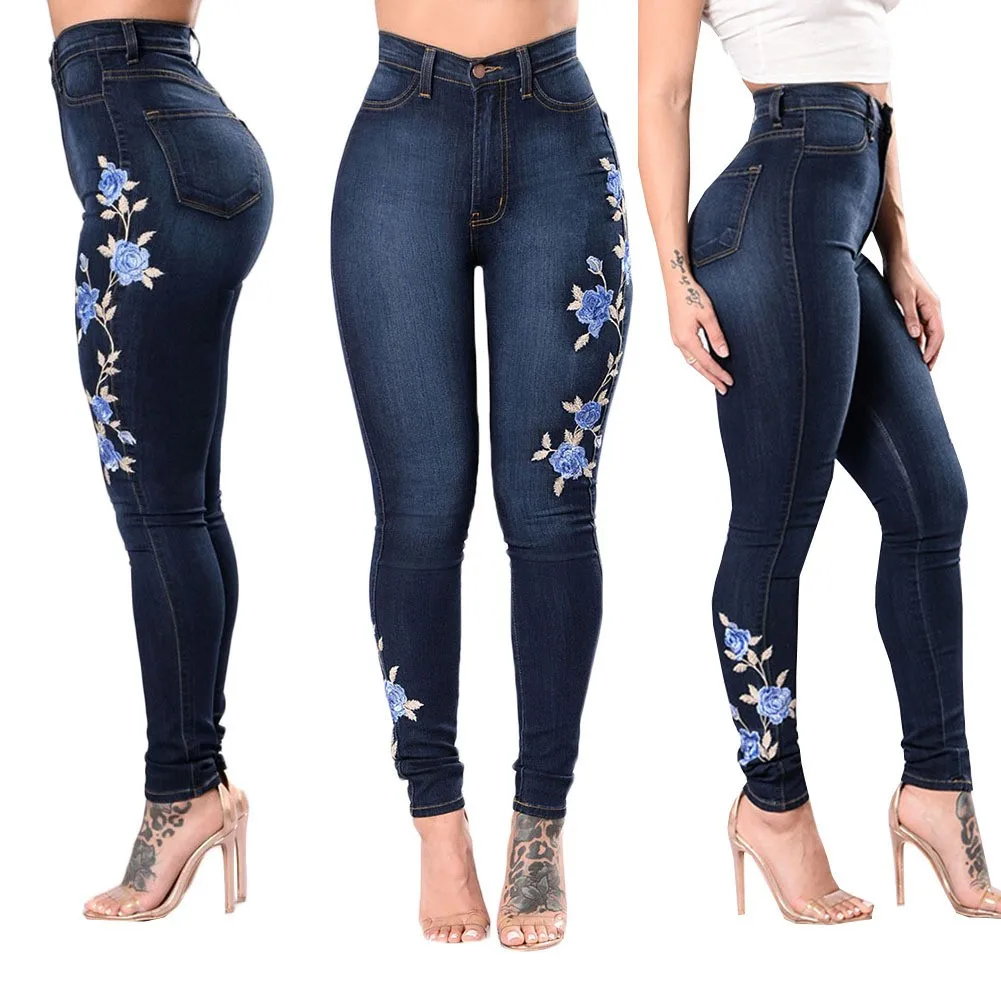 

Spring Women's Clothing Slim Fit High Waist Embroidered Denim Jeans For Woman Cotton Pencil Pants Elegant Casual Long Trousers