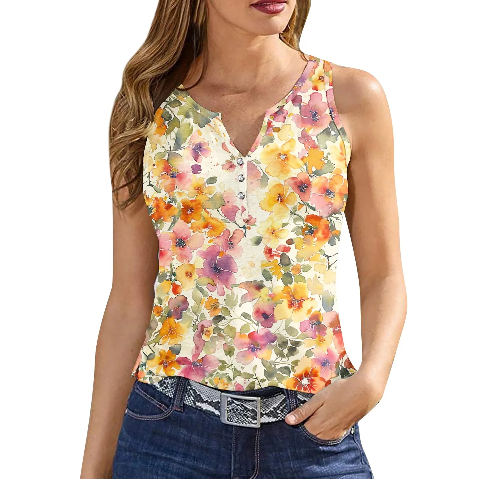 เสื้อกล้ามลำลองมีกระดุมคอวีสำหรับผู้หญิงเสื้อกล้ามธรรมดาพิมพ์ลายดอกไม้สวมใส่สบายฤดูร้อนเสื้อเด็กแขนกุดใส่ได้ทุกวันเข้ากับทุกชุด