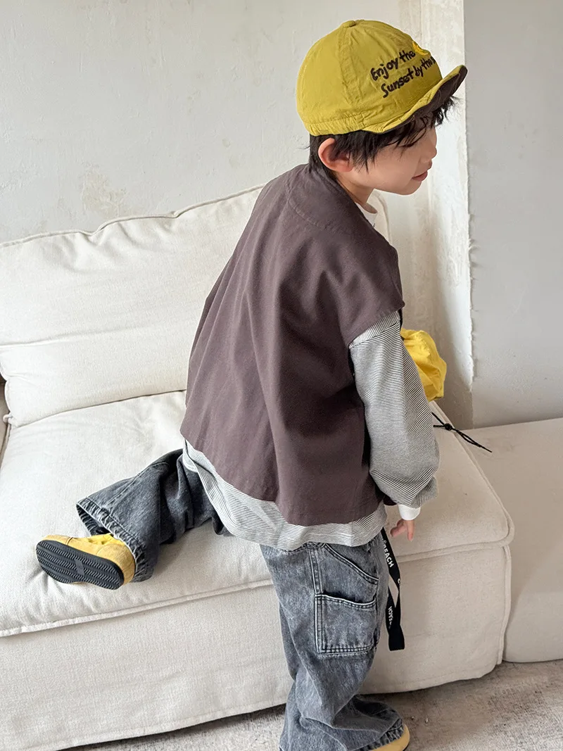 سترة جديدة للأولاد والبنات لربيع وخريف 2025 على الموضة الكورية ملابس خارجية غير رسمية يومية تناسب الجميع بلون سادة بدون أكمام #5