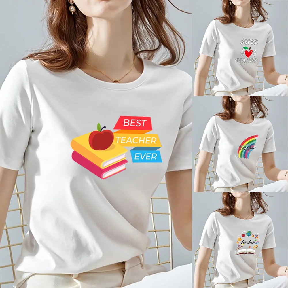 

O Neck White Top Women 2022 Summer Casual T Shirt Basic Teacher Series Pattern Print Short Sleeve Tops Ladies Clothes