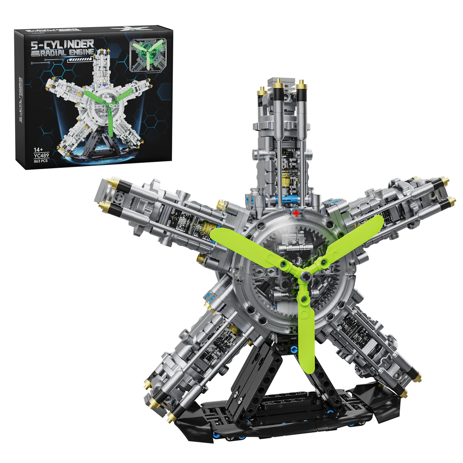 

MOC Техническая модель радиального двигателя, 863 шт., строительные блоки, моторизованный S-цилиндровый самолет со светодиодной подсветкой, игрушка STEM для детей и взрослых