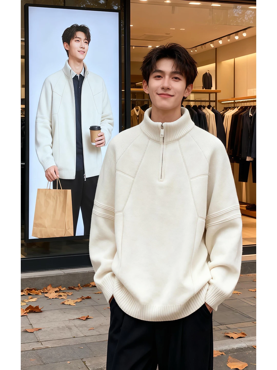 

Белый мужской вязаный свитер с воротником-стойкой на молнии до середины груди, зимний, премиум-класса, базовый слой, уютный, для подростков, шерстяной