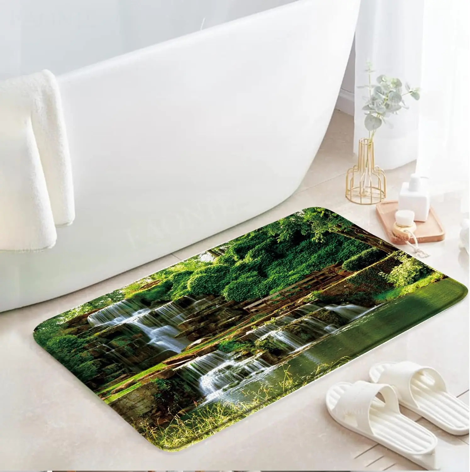 

Коврик для ванной с изображением водопада и зеленого лесного ручья, нескользящий, с природным пейзажем