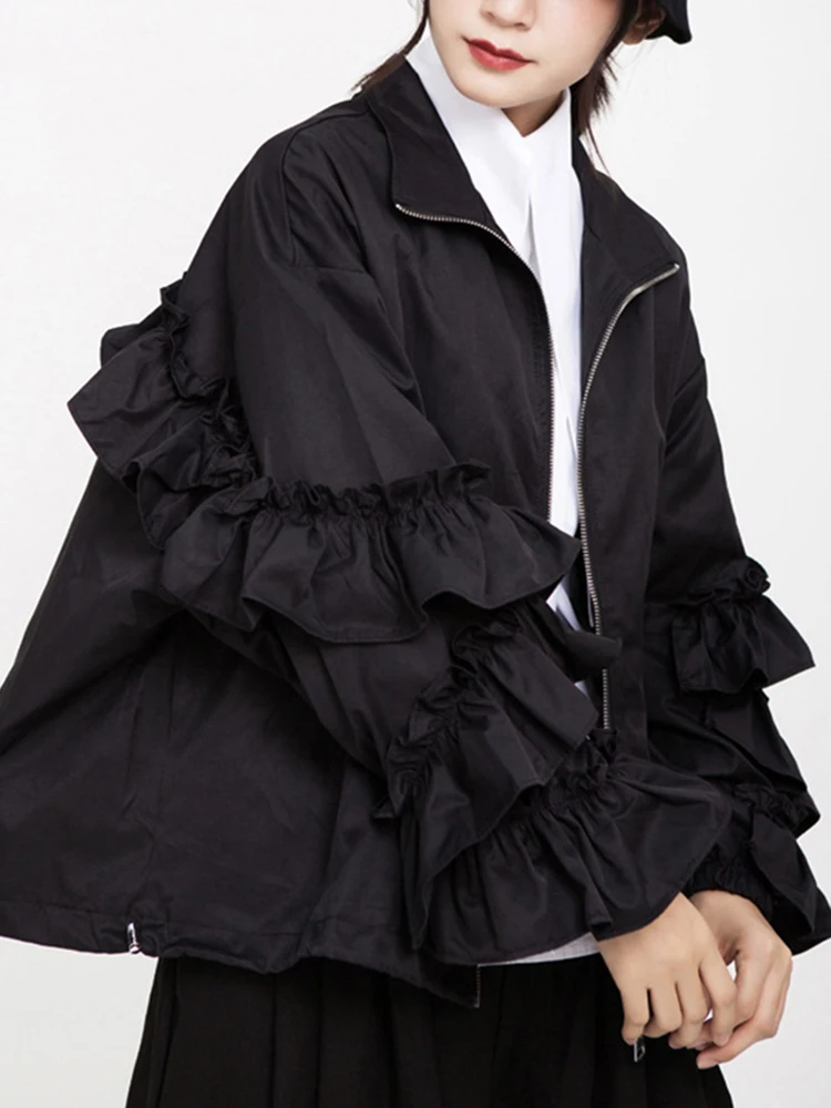 Loose Fit Black Ruffles Stitch Big Size Jacket New Lapel Long Sleeve Women Coat Fashion Tide Spring Autumn