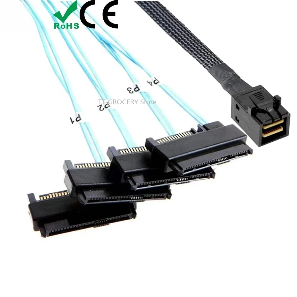 SATA Cable Mini SATA HD SFF-8643 To 4 SFF-8482 Internal SFF8643 To SFF8482 Connector with 15pin Power Port Hard Drive Splitter