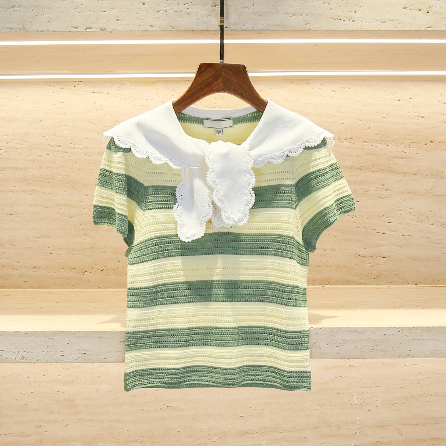 

Naval Collar Striped Knitwear Sweater Sweet Sle Loose Fit ort Sve Fre And Light Women's Premium Quali Top