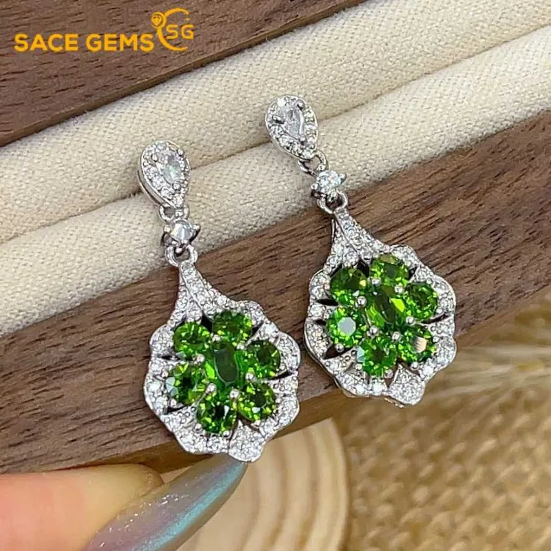 

SACE GEMS Fashion Jewelry Earrings for Women 925 Sterling Silver 3*4MM Natural Diopside Stud Earrings Wedding Party Fine Jewelry