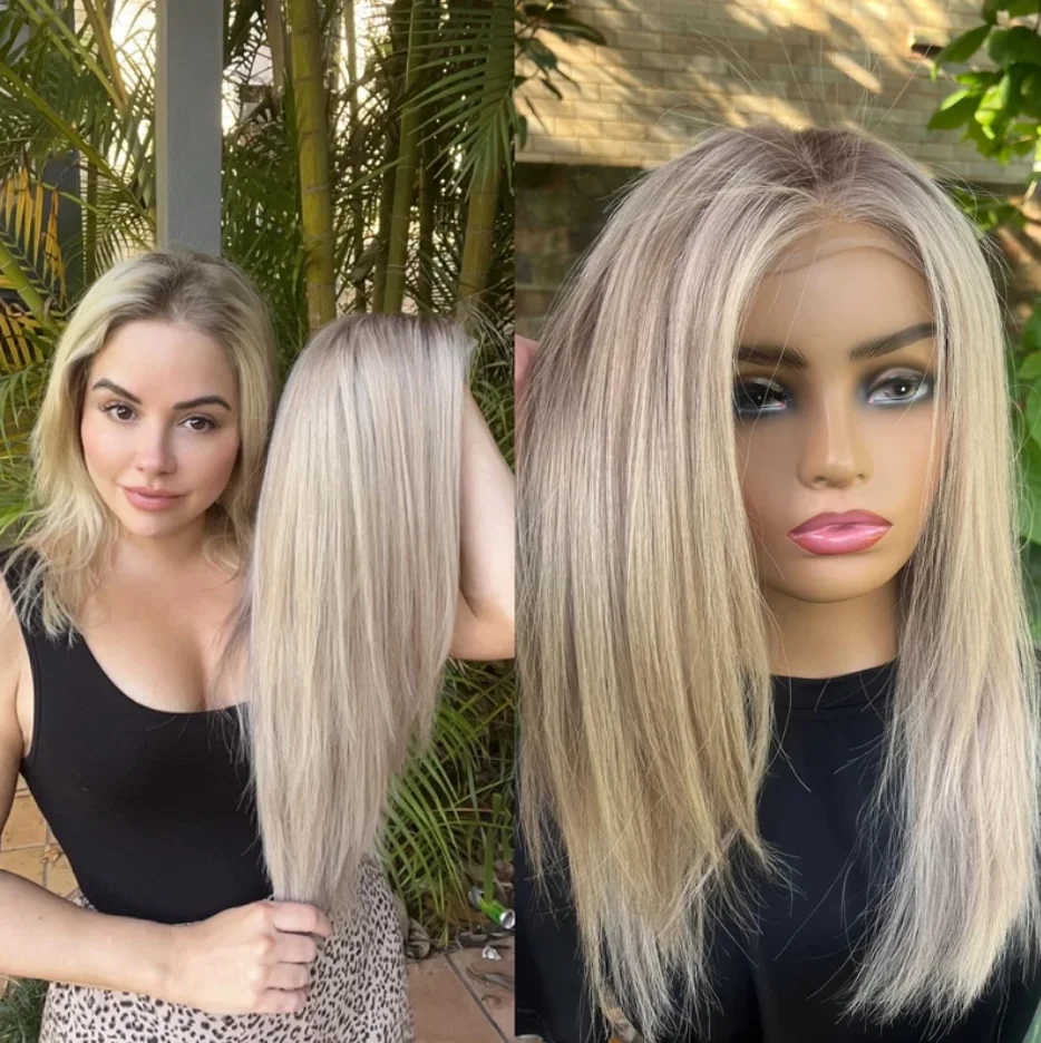 Wig Renda Depan Lurus Pendek Pirang Abu Platinum dengan Akar Coklat Wig Renda Sintetis Tahan Panas Pra Pencabutan Penggunaan Sehari-hari