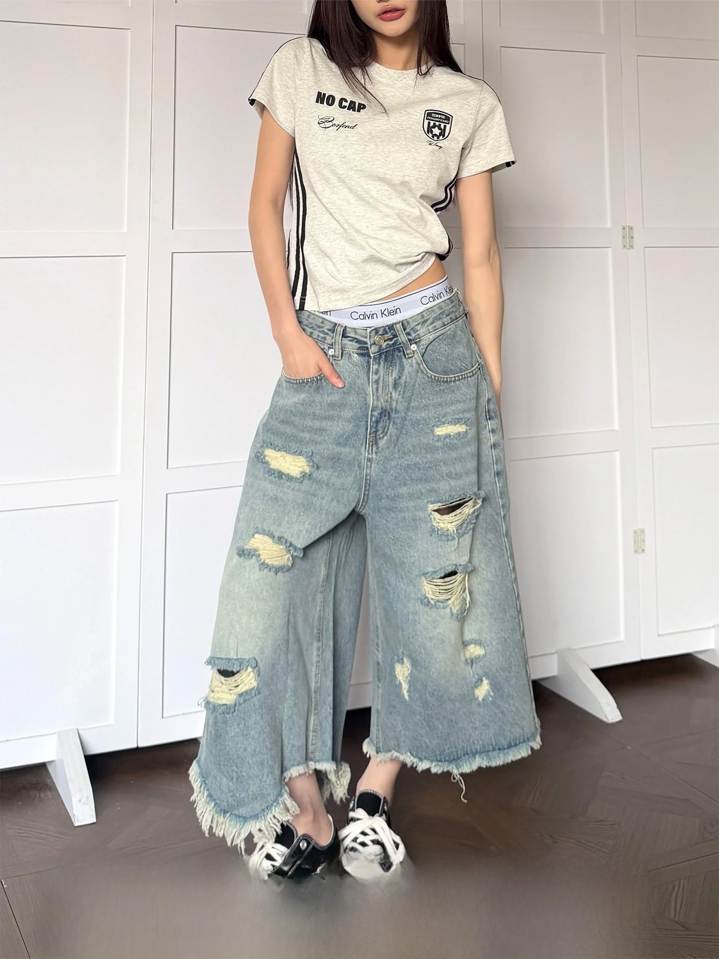 

Don Cry Summer Denim Wide Leg Pants Men Women New Loose Design Sense Tear Casual Wear Comfortable Cotton Polyester Blend