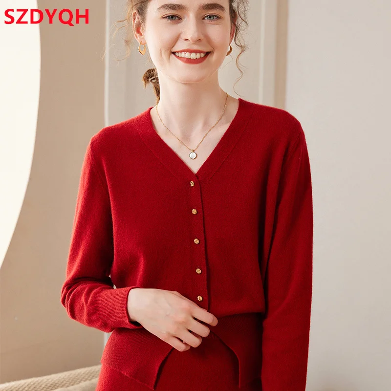 2023 Hot Sale Autumn Winter New Women 100% Cashmere Sweater Female V-Neck Solid Color Knitted Cardigans Loose Jacket Woman Tops