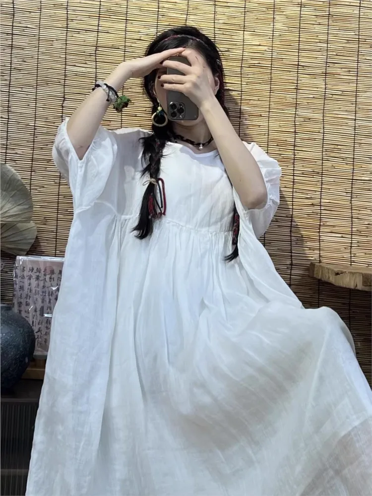 Oversized Summer Long White Dress Women Cotton Linen Fashion Ruffle Pleated Ladies Dresses Casual Loose Short Sleeve Woman Dress