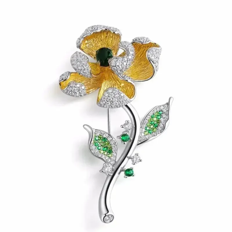 

REUIFJewellry 2023 Hot Sale S925 Silver Zirconia Flower Brooch Setting Gemstone Elegant Jewelry Women Party Gift