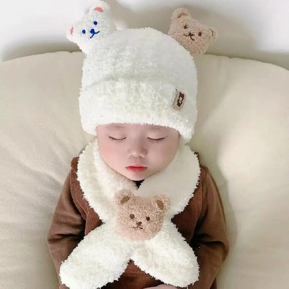 2Pcs Cartoon Bear Baby Winter Hat Scarf Set Children Warm Scarves Plush Knit Cap Thick Ear Protection Infant Beanie for Girl Boy