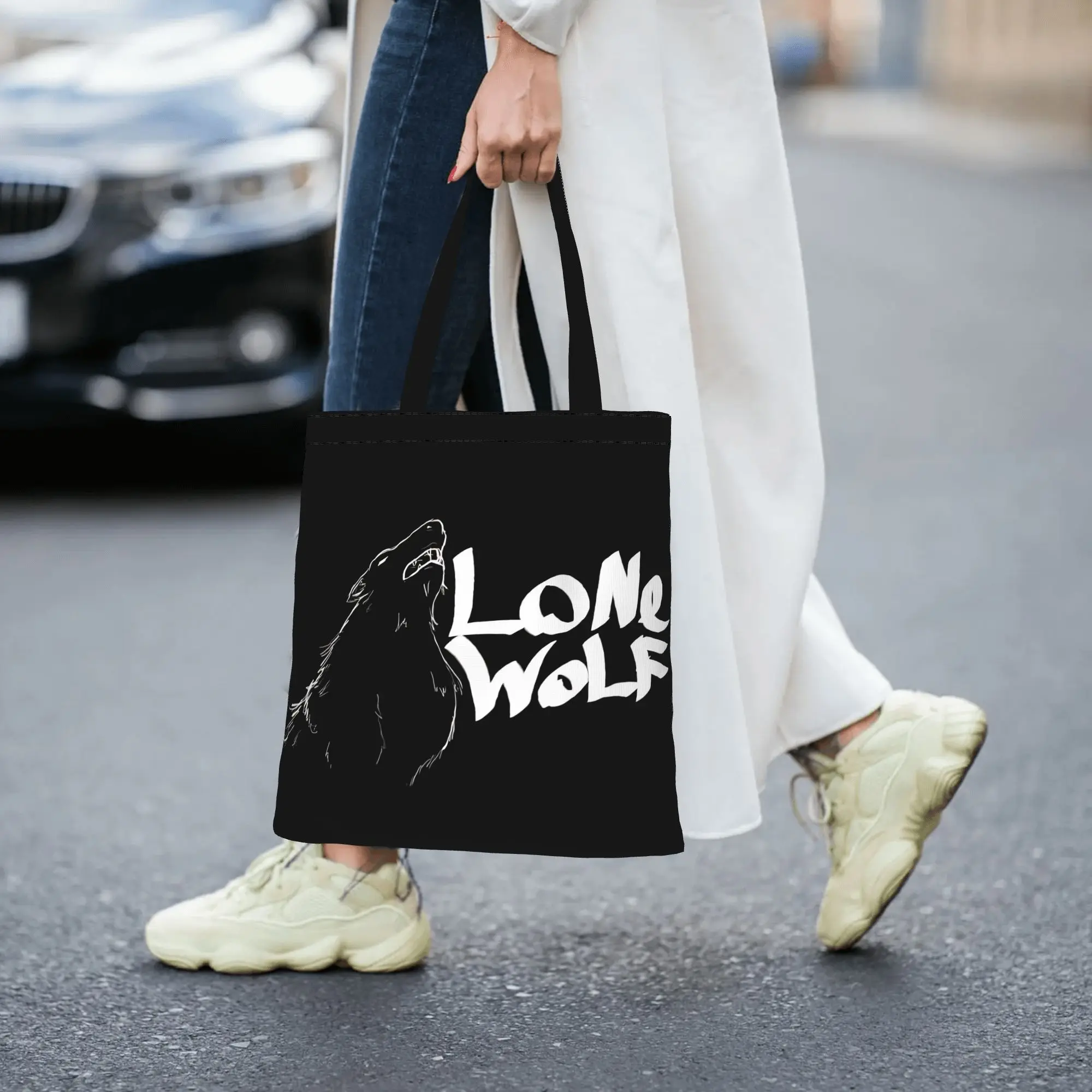 Customized Cool WOLF Women's Bag Shopping Bag Reusable Double Sided Canvas Tote Bag Shoulder  Handbag