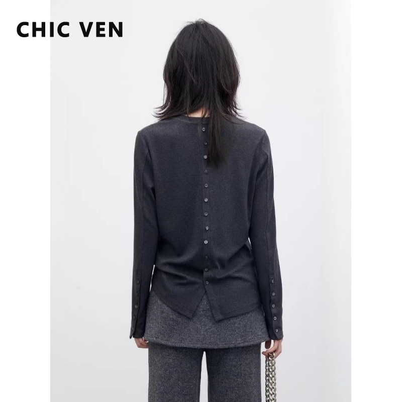CHIC VEN Fashion Women T-Shirts Solid New O Neck Back Button Design Tees Long Sleeved Female Tops Bottoming Spring Autumn 2026