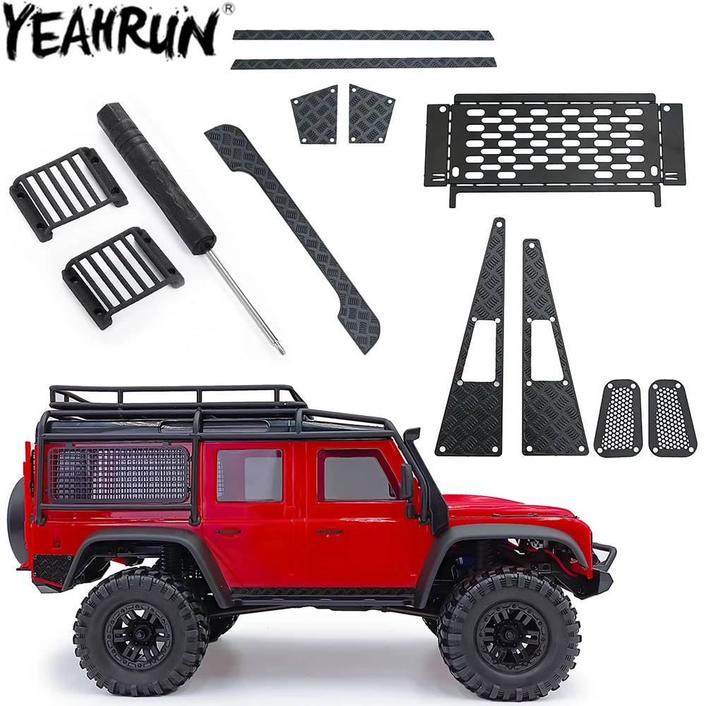 YEAHRUN Metal Skid Plate Side Skirt Intake Grille Trim Tail Door Anti-Scratch Plate for 1/18 RC Crawler TRX4M Defender Parts