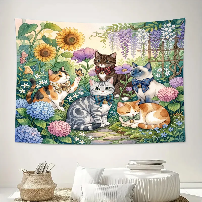 Whimsical Cat and Floral Garden Curtain Window Drapes Sunlight Sunflowers Spring Print Decorative Light Filtering Home Decor Cat