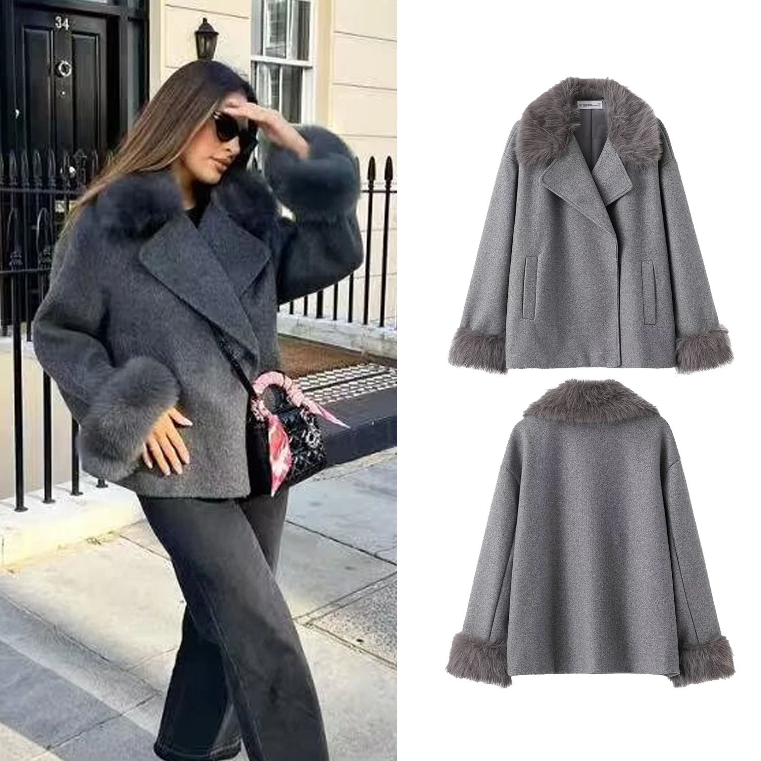 

Women Autumn Winter Loose Warm Fur Spliced Woolen Coat Female Lapel Long Sleeve Solid Outwear Lady Elegant Jacket Streetwear