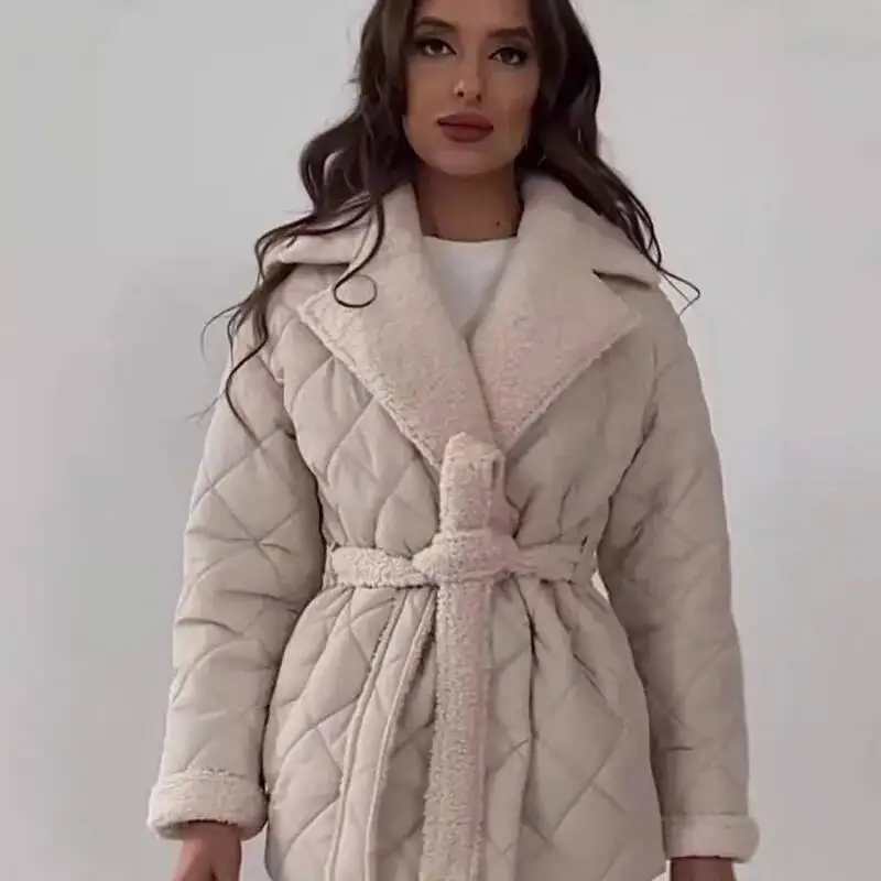 Elegant Quilted With Faux Fur Lining For Women Fashion Lapel Belted Waist Coat Lady 2025 Fall Winter Chic Street Outerwear