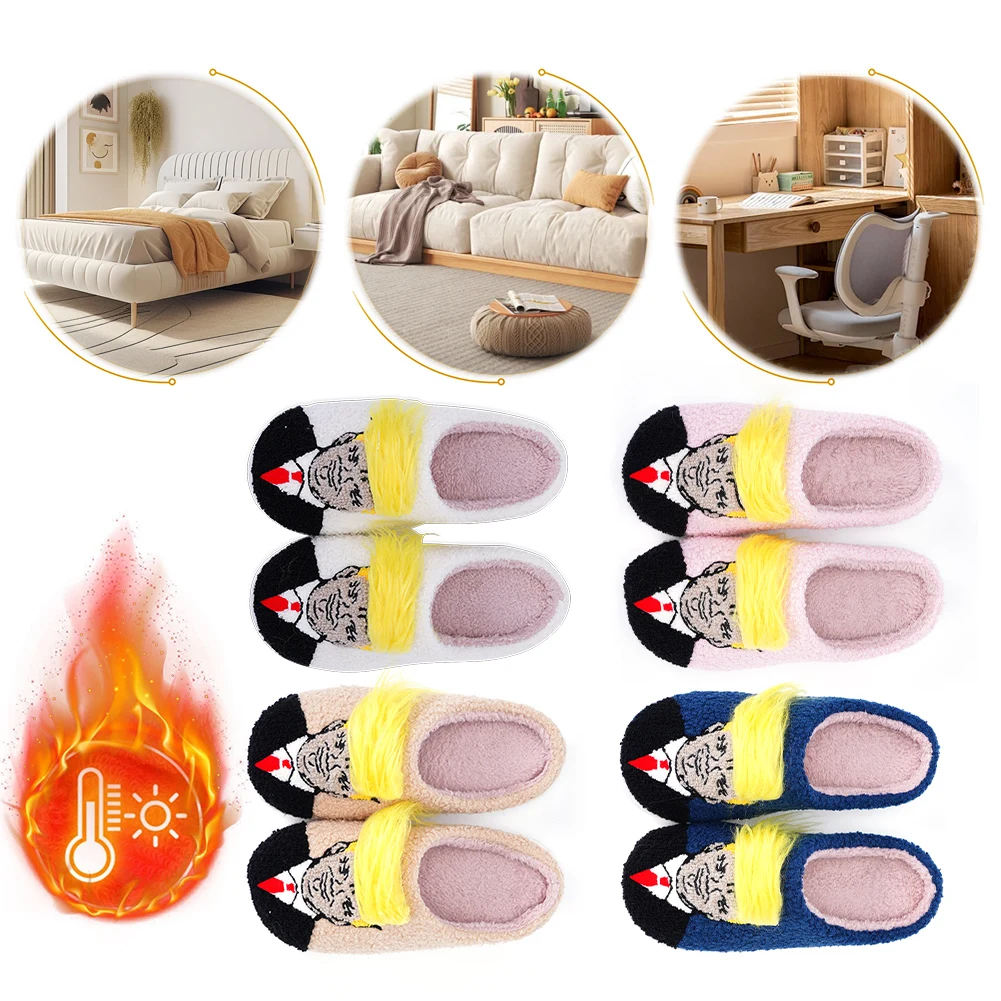 Plush Trump Wig Slippers Closed Toe Slippers Creative Warm Slip-on House Shoes Funny Thermal Slippers for Outdoor Indoor Bedroom