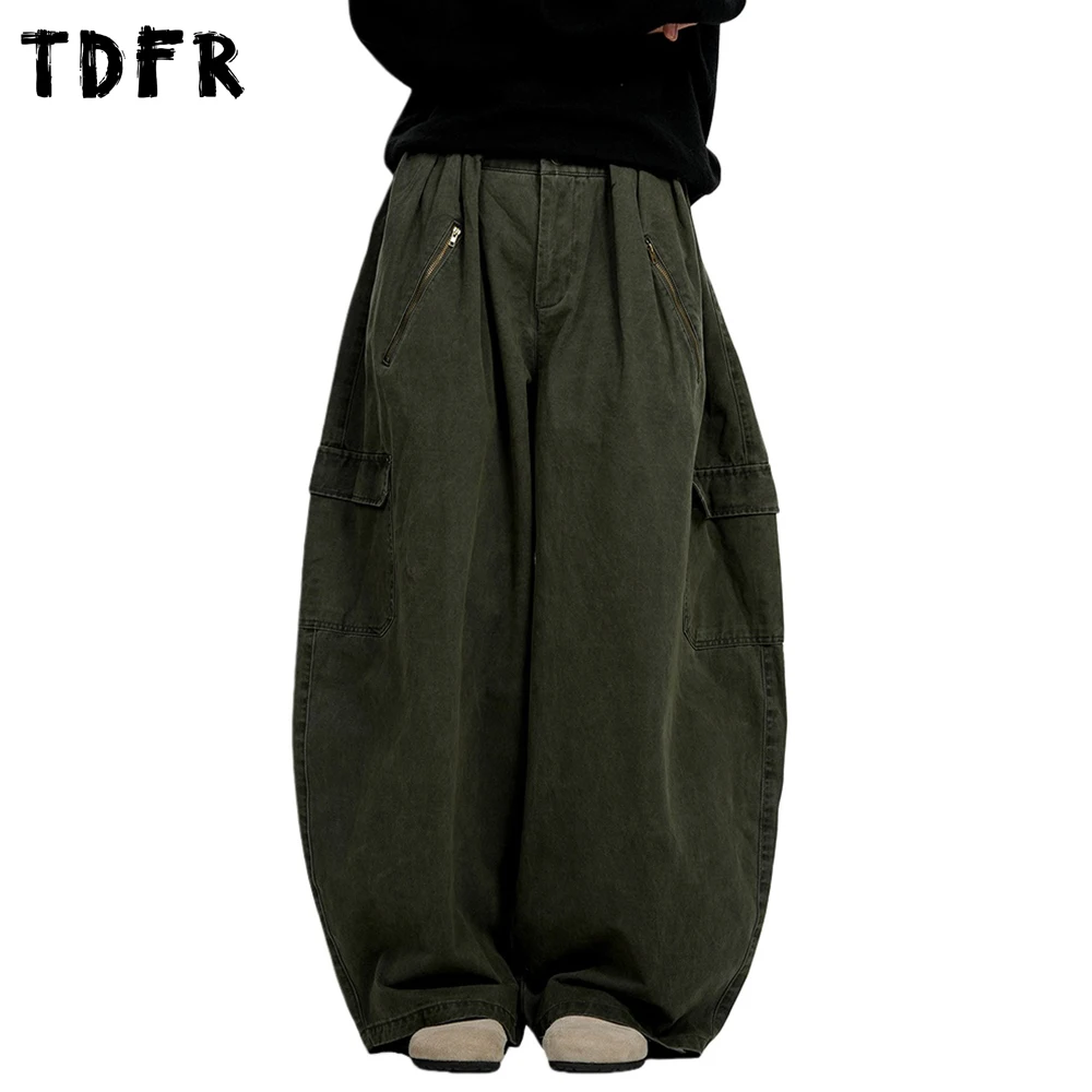 

Плиссированные брюки-карго, мужские однотонные карманные брюки в стиле ретро, потертые мешковатые широкие брюки-банан, мужские