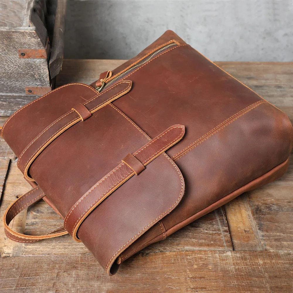 S.WORKER Vintage-Rucksack aus echtem Leder, Unisex, lässig, Preppy-Schultasche, Crazy Horse-Rindsledertasche, Umhängetasche – Detail 8
