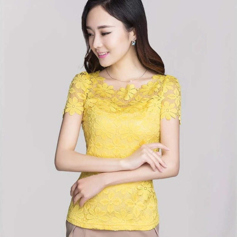 여름 여성 섹시 플로럴 레이스 슬림핏 셔츠 여성 우아한 캐주얼 반팔 티셔츠 탑