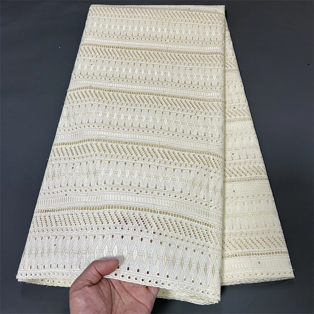 

African White Brocade Lace Fabrics For Women Nigerian Party Dresses Cotton Lace Fabric With Rhinestone Embroidery Sewing 5Yards