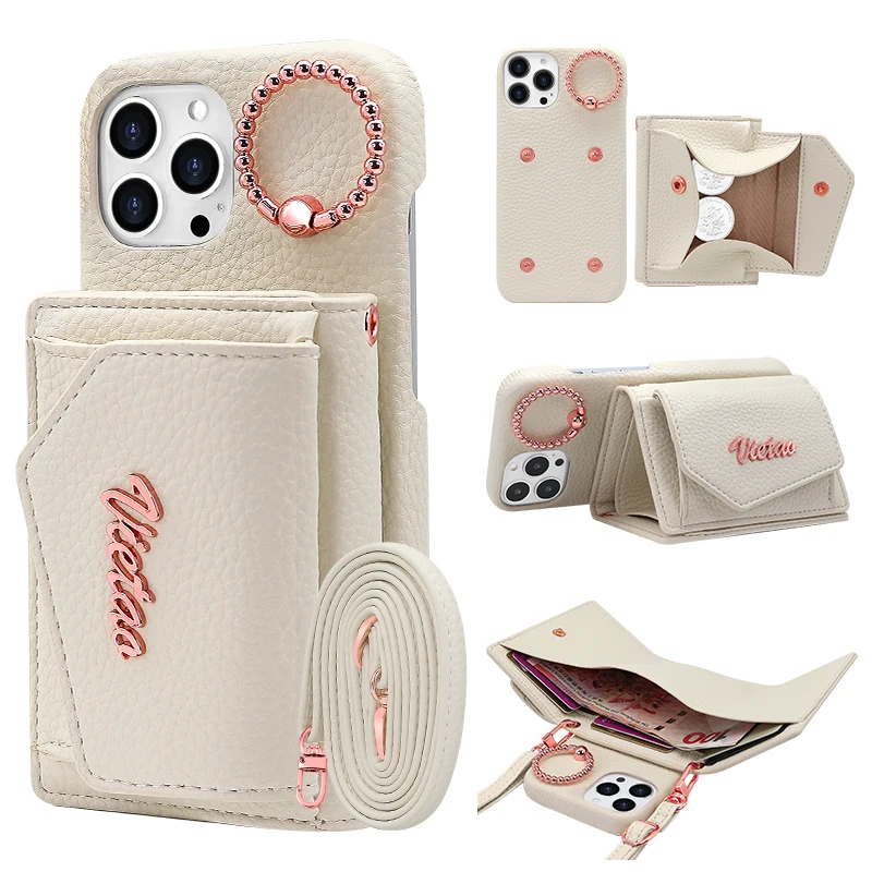 Funda de piel sintética VIETAO con correa cruzada para iPhone 15/14/13 Pro Max, funda para celular con soporte de anillo y monedero para chicas.