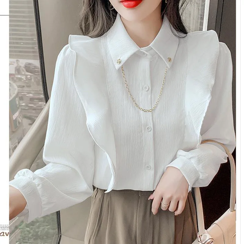 Spring Autumn Retro Korean Style Ruffles Elegant Chic Chain Women\'s Button Up Shirt Long Sleeve Office Ladies Blouse Tops Blusas