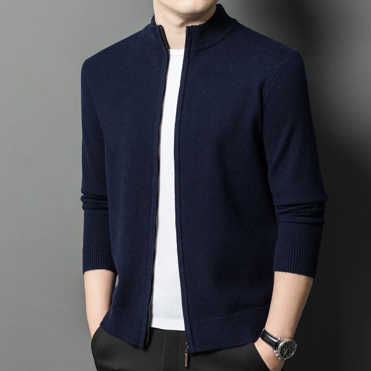 

2025 New Wool Knitted Cardigan Men's Spring and Autumn Winter Standing Collar Zipper Men's Casual Sweater Jacket