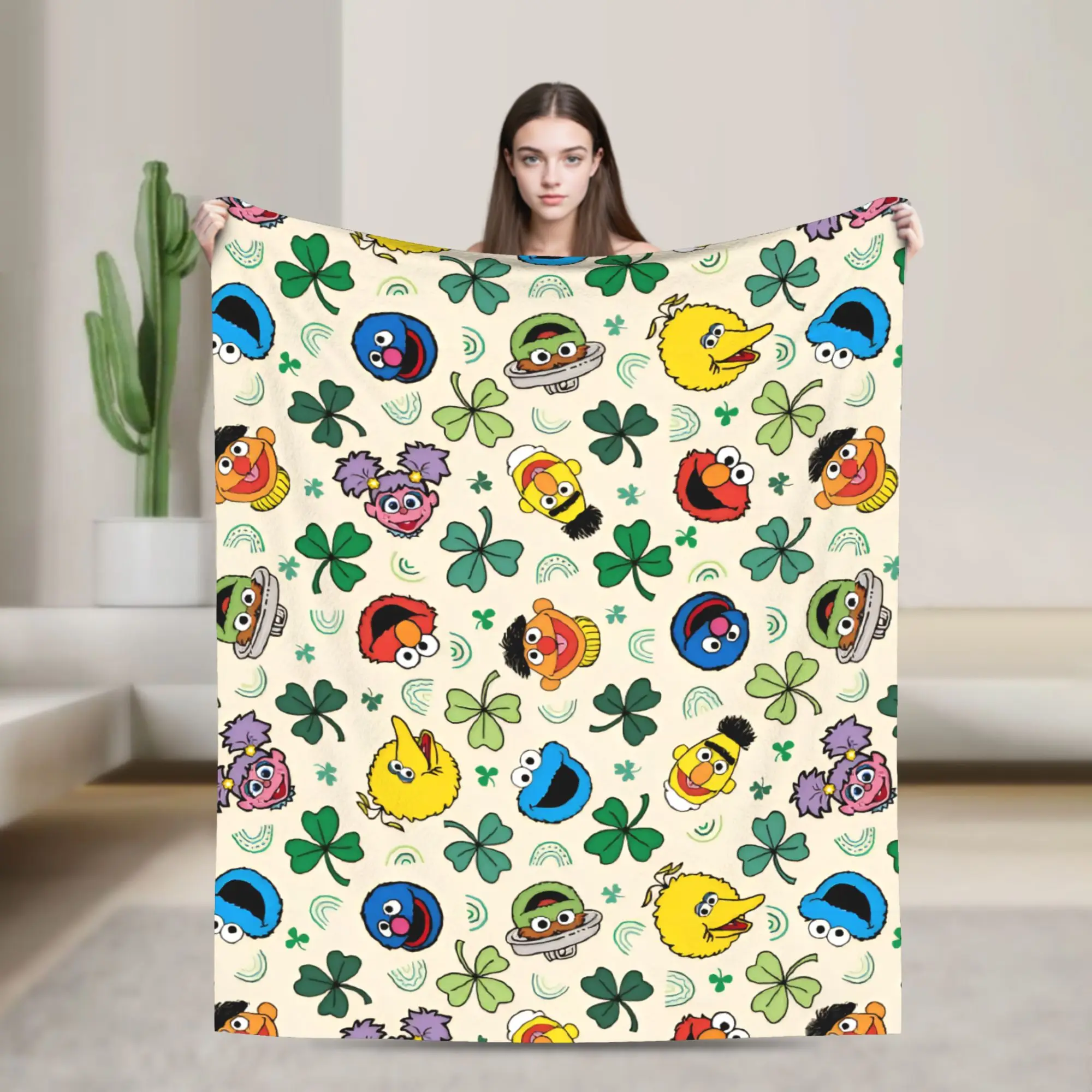 St. Patrick's Day Pattern Blanket S-Sesames Streets Picnic Flannel Throw Blanket For Home Decor Warm Soft Quality Bedspread