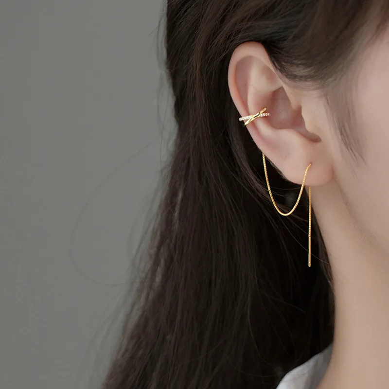 1Pcs Fashion Tassel Long Chain Ear Cuff Earrings Tassel Non-Piercing Zircon Cross Cuff Ear Clip Earring For Women Jewelry eh1134