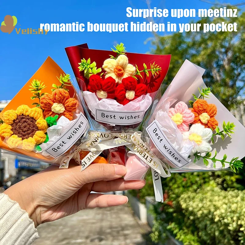

Mini Crochet Flowers Artificial Flower Bouquet Handmade Knitted Flowers Bouquet For Wedding Party Decor Valentine's Day Gift