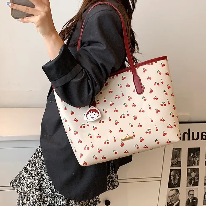 Japanese Large Capacity 2024 Early Spring Color Match Bag Clear New Cherry Printed Shoulder Bag Sweet Wind Student Bag