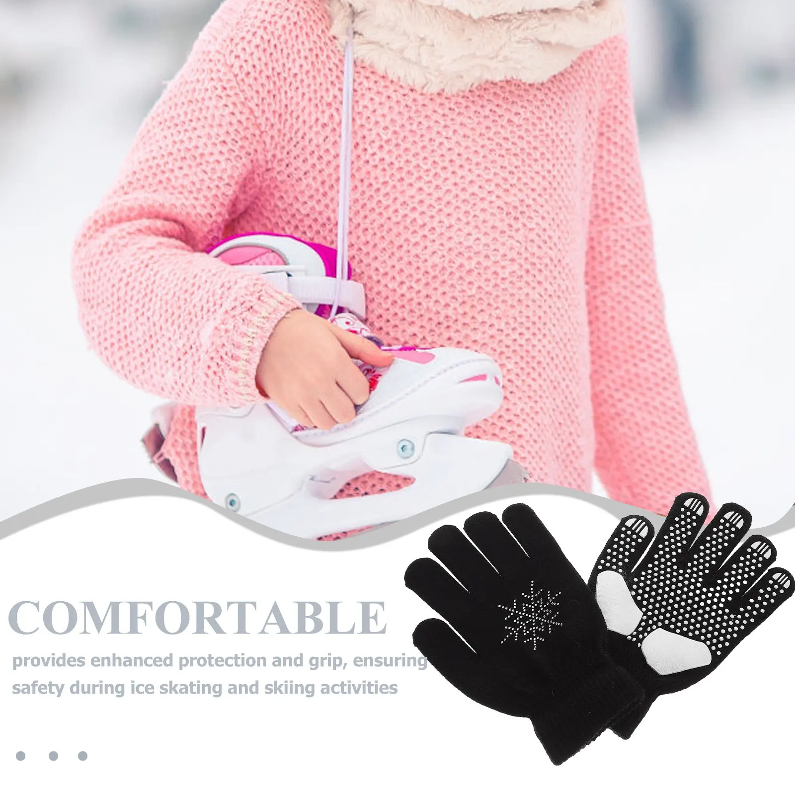 

Ski Gloves for Kids and Adults Thick Winter Ice Skating Gloves Non-Slip Grip Rhinestone Decorated Figure Skating Accessories