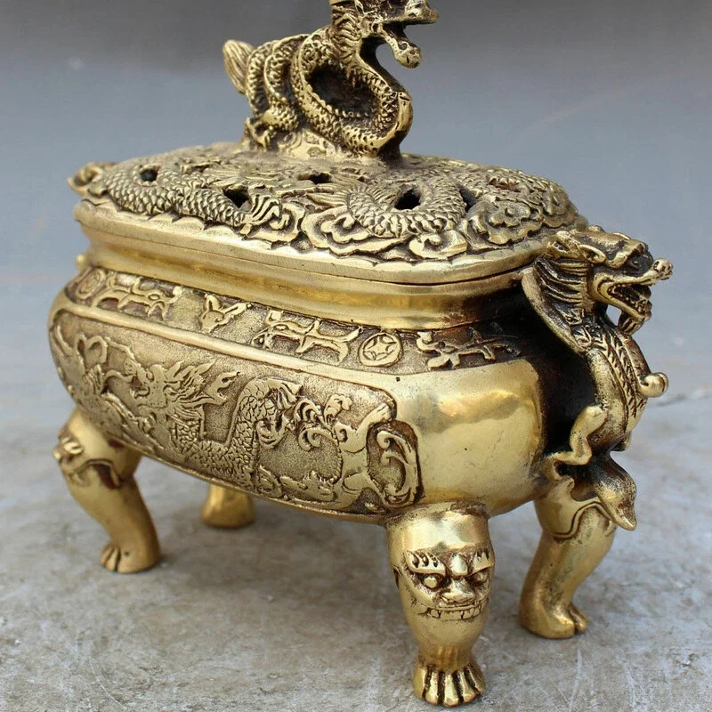 

Chinese Old Bronze Dragon Dragons Foo Fu Dog Lion Incense Burner Censer