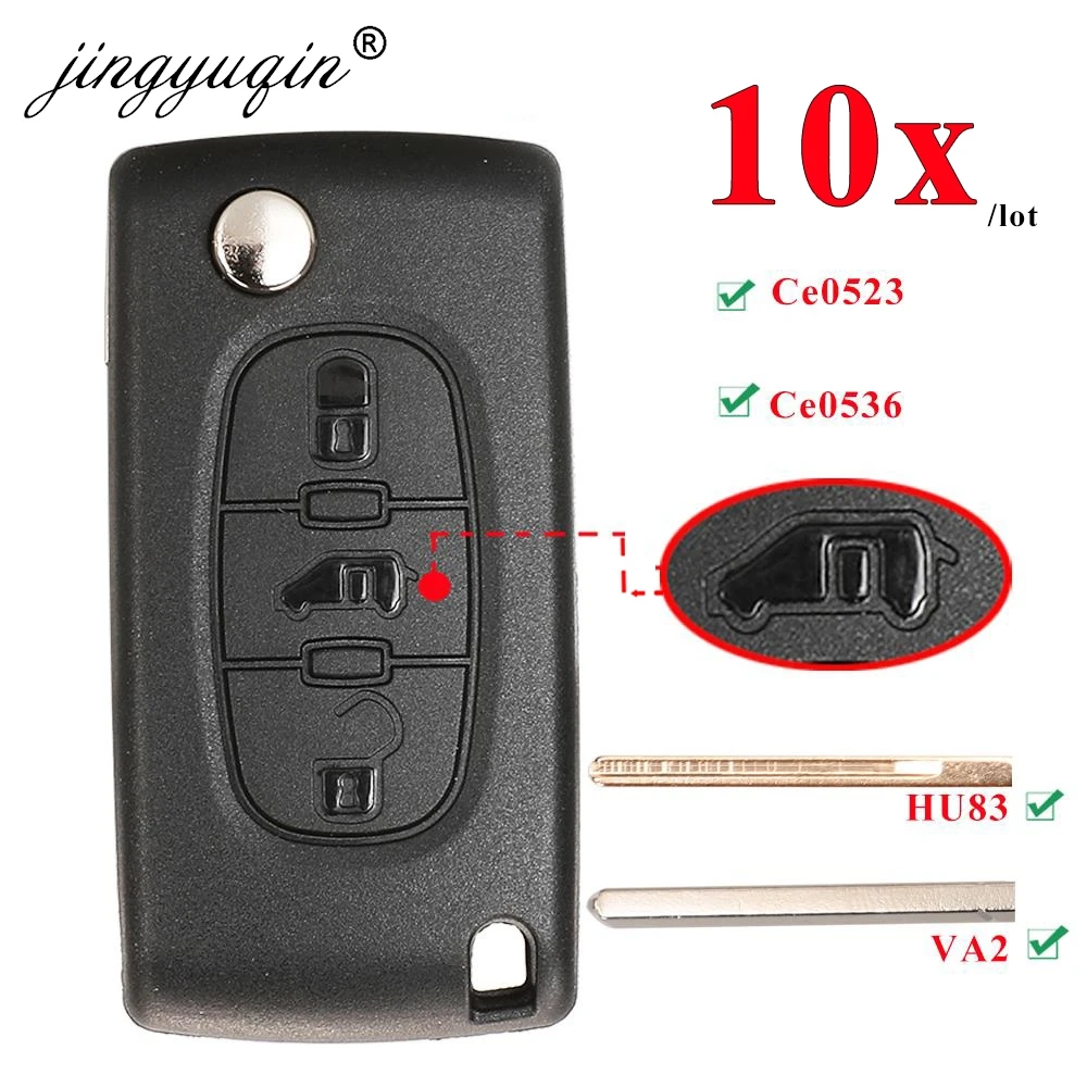 jingyuqin 10pcs 3BTN Flip Remote Car Key For Peugeot Partner Expert Citroen Berlingo Dispatch Folding Ce0523 ce0536 HU83 VA2