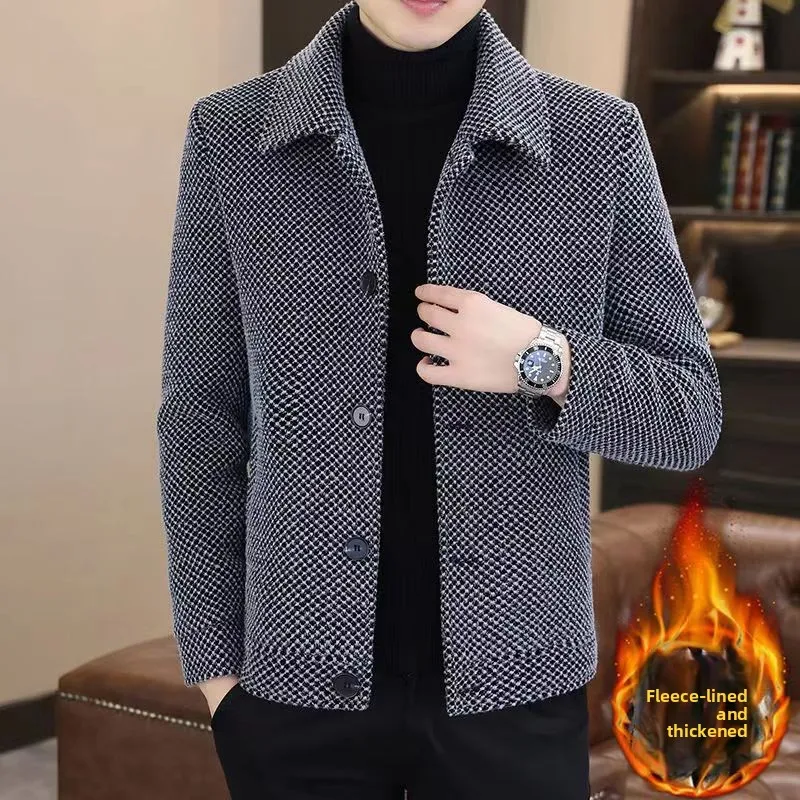 Autumn Winter Men's Jacket Trendy Gold Mink Woolen Short Casual Coat Stylish Business Leisure Straight Hemline Long Sleeve