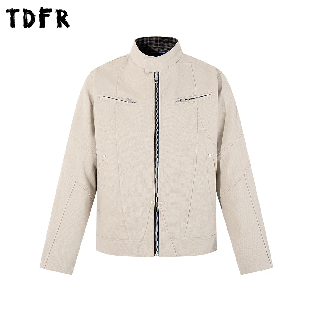 

Spliced Cargo Stand Collar Jacket Mens Retro Casual Autumn Loose Long Sleeve Motorcycle Jacket Man Outerwear