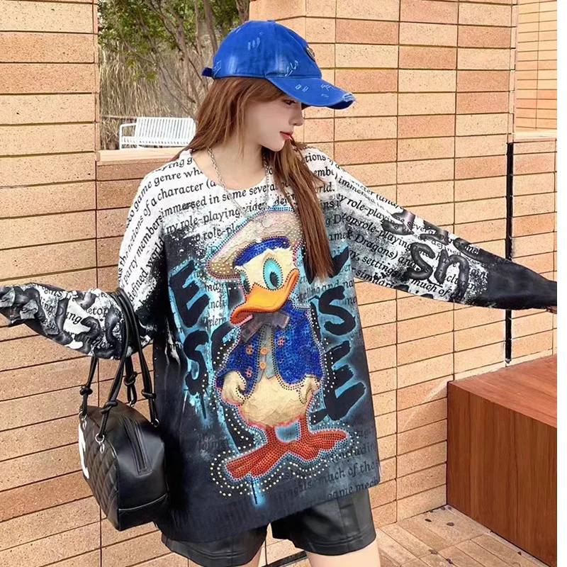 Langarm pullover weibliche Trend marke Schwerindustrie Hot Diamond Loose Fashion Tops Frauen Cartoon Rundhals ausschnitt Pullover Top